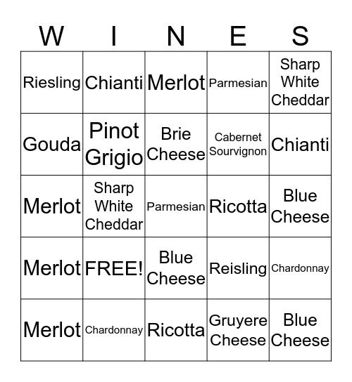Enlightening Easels Wine and Cheese Bingo Card