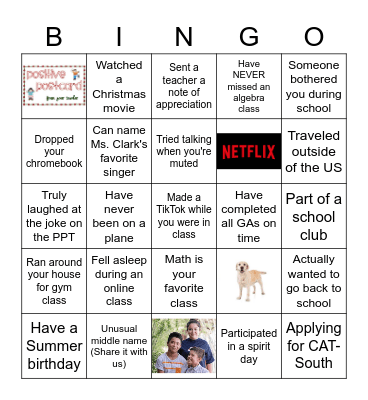 2020 8th grade year Bingo Card