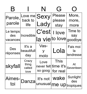 Bongo Musical 2014 Bingo Card