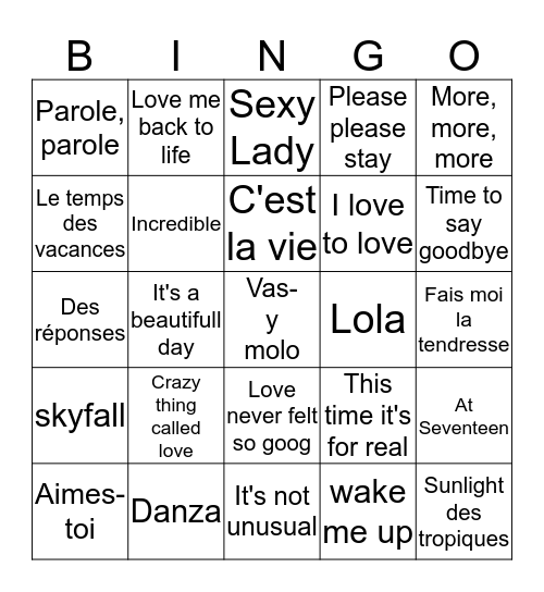 Bongo Musical 2014 Bingo Card