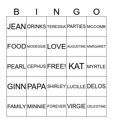 GINN FAMILY BINGO Card