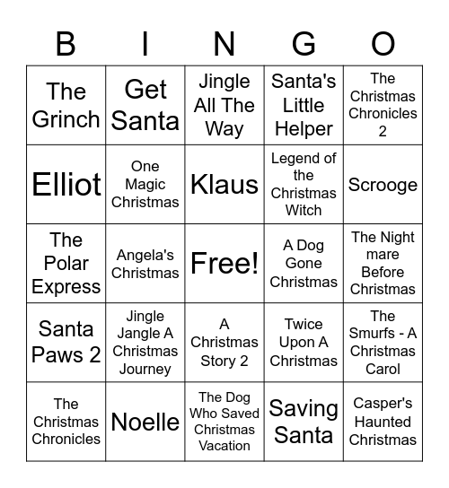 Holiday Movies Bingo Card