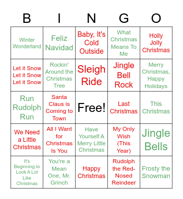 Christmas Sing Along Bingo Card