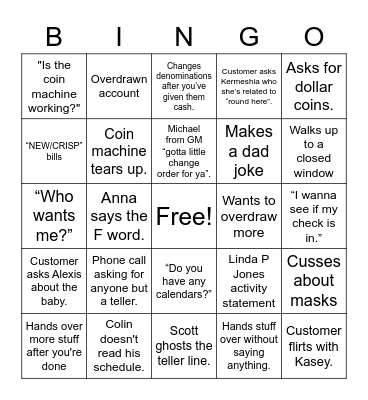 UB Teller Bingo Card