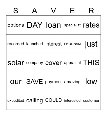 Saver Bingo Card