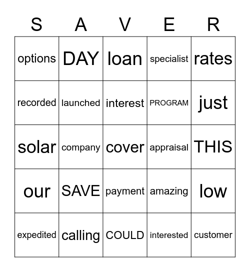 Saver Bingo Card