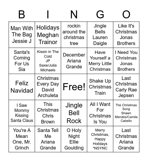 Holiday Tune Bingo Card