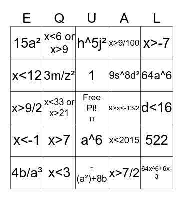 Bingo Math in Algebra Bingo Card