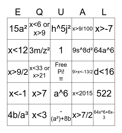 Bingo Math in Algebra Bingo Card