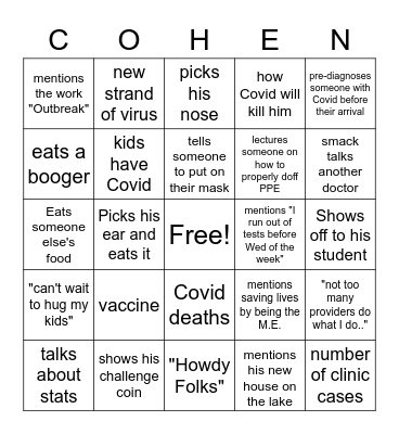 Covid Cohen Bingo Card