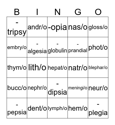 Medical Terminology Bingo Card