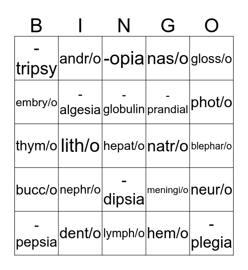 Medical Terminology Bingo Card