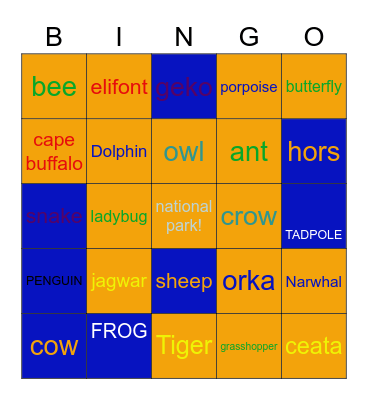 Animal Bingo Card