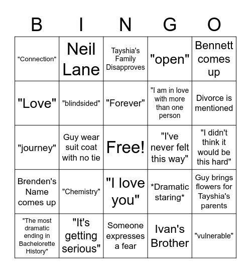 Bachelorette Bingo Card