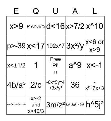 Bingo Math in Algebra Bingo Card