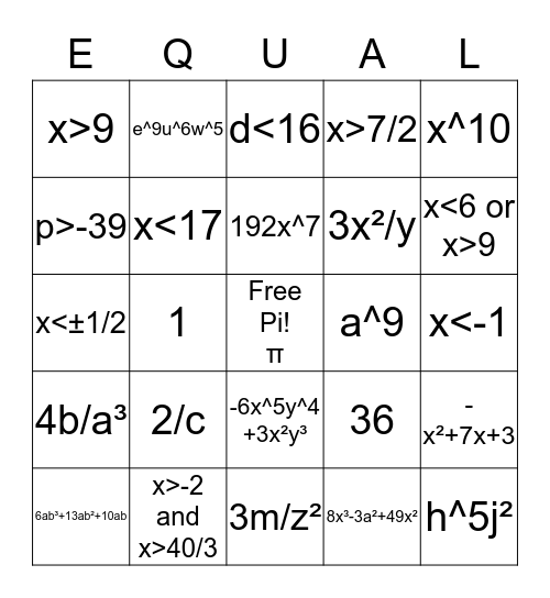 Bingo Math in Algebra Bingo Card