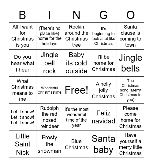 Christmas Song Bingo Card