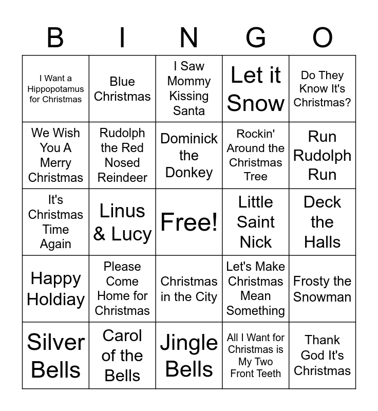 Christmas Song Bingo Card