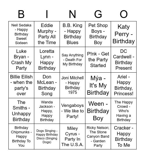 Songs With Birthday/Party Cheers Bingo Card