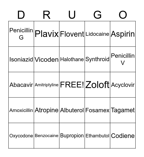 Drug-o Bingo Card