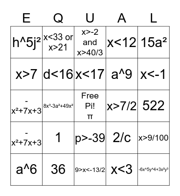 Bingo Math in Algebra Bingo Card