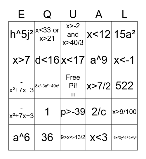 Bingo Math in Algebra Bingo Card