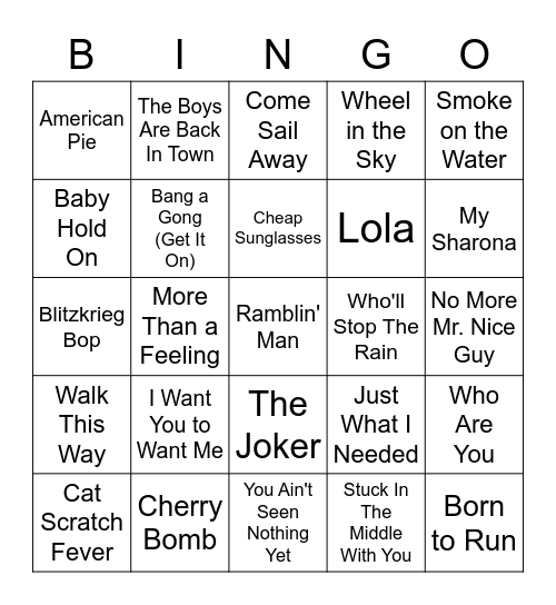 70 Rock Anthems Bingo Card