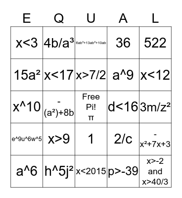 Bingo Math in Algebra Bingo Card