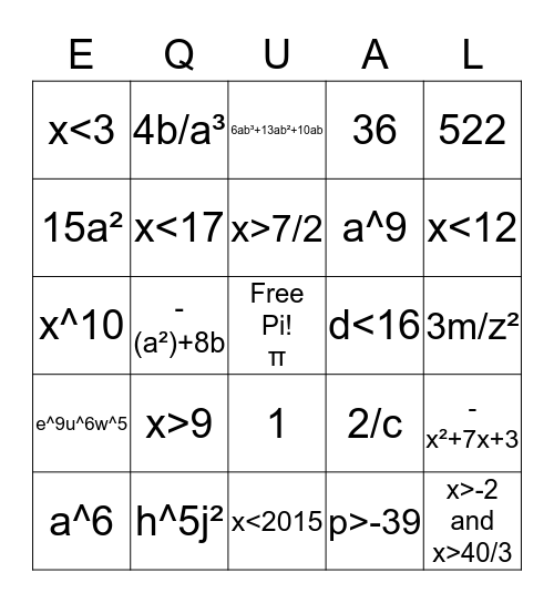 Bingo Math in Algebra Bingo Card