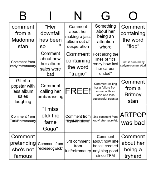 ONTD comment section Bingo: Lady Gaga addition! Bingo Card