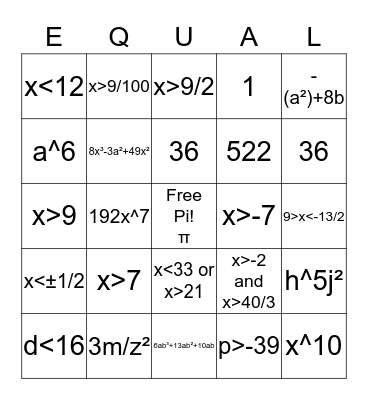 Bingo Math in Algebra Bingo Card