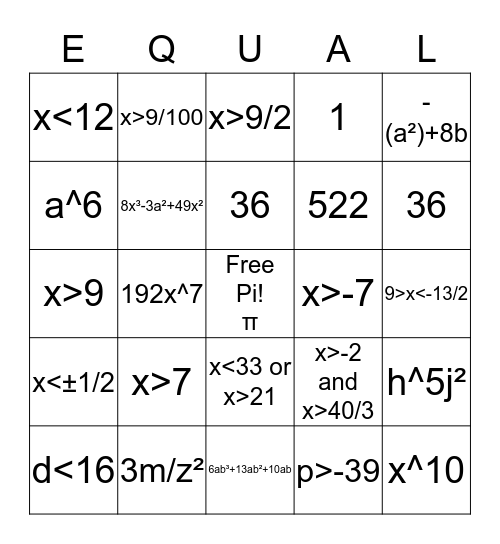 Bingo Math in Algebra Bingo Card