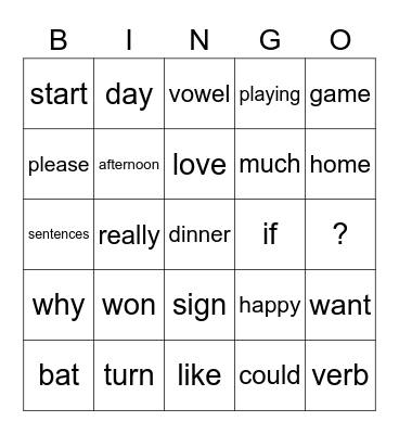 Sight Words Bingo Card