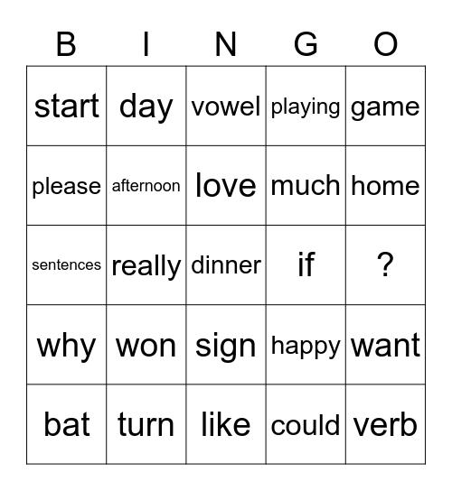 Sight Words Bingo Card