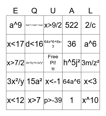 Bingo Math in Algebra Bingo Card