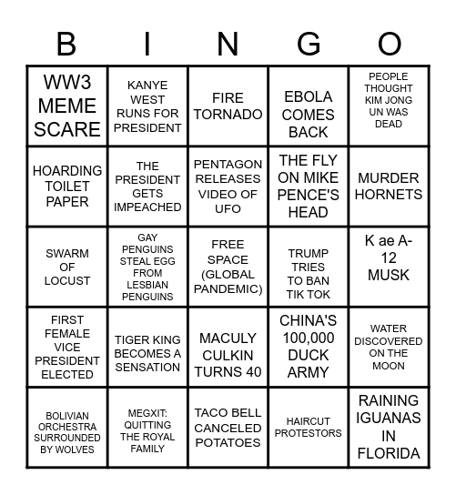 UNBELIVABLE 2020 EVENTS Bingo Card