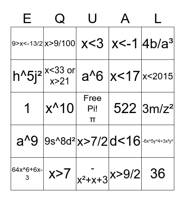 Bingo Math in Algebra Bingo Card