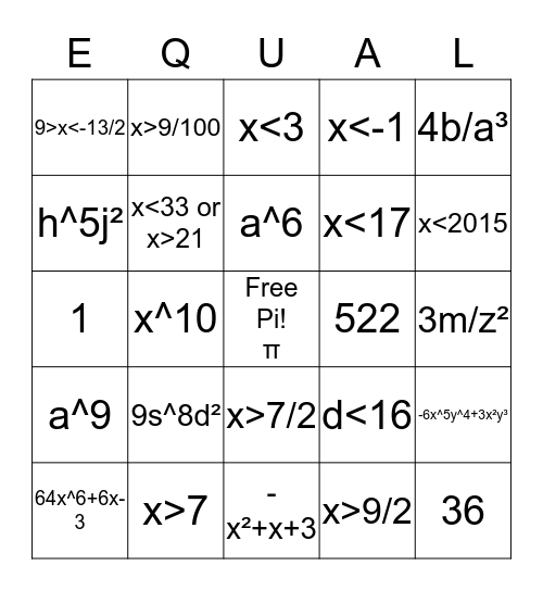 Bingo Math in Algebra Bingo Card