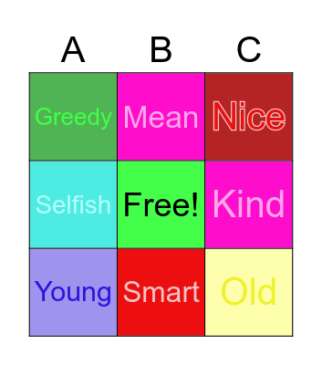 Adjectives Bingo Card