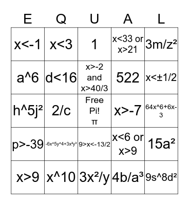 Bingo Math in Algebra Bingo Card