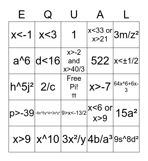 Bingo Math in Algebra Bingo Card