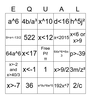 Bingo Math in Algebra Bingo Card