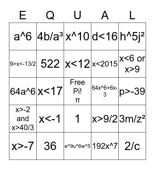 Bingo Math in Algebra Bingo Card