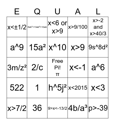 Bingo Math in Algebra Bingo Card