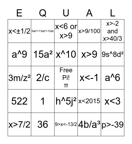 Bingo Math in Algebra Bingo Card