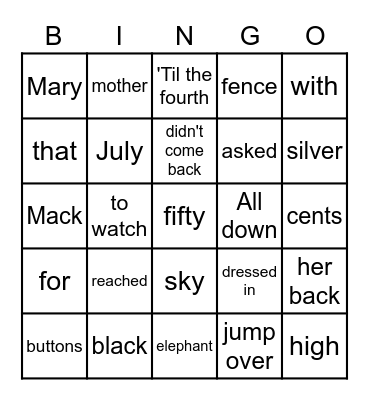 Mary Mack Bingo Card