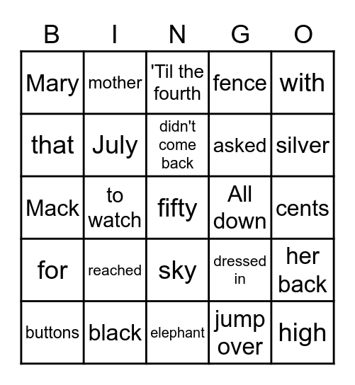 Mary Mack Bingo Card