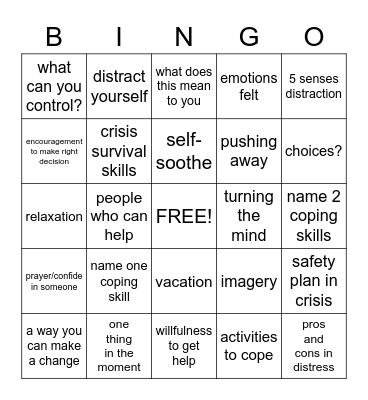 Distress Tolerance Skills Bingo Card