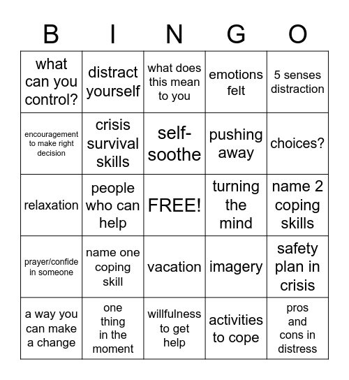 Distress Tolerance Skills Bingo Card