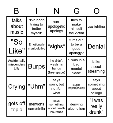 Deej Apology Recording Bingo Card